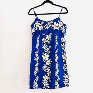 jade fashions Dress L Hawaiian Vintage 90s Floral Print Blue Tropical Vacation
